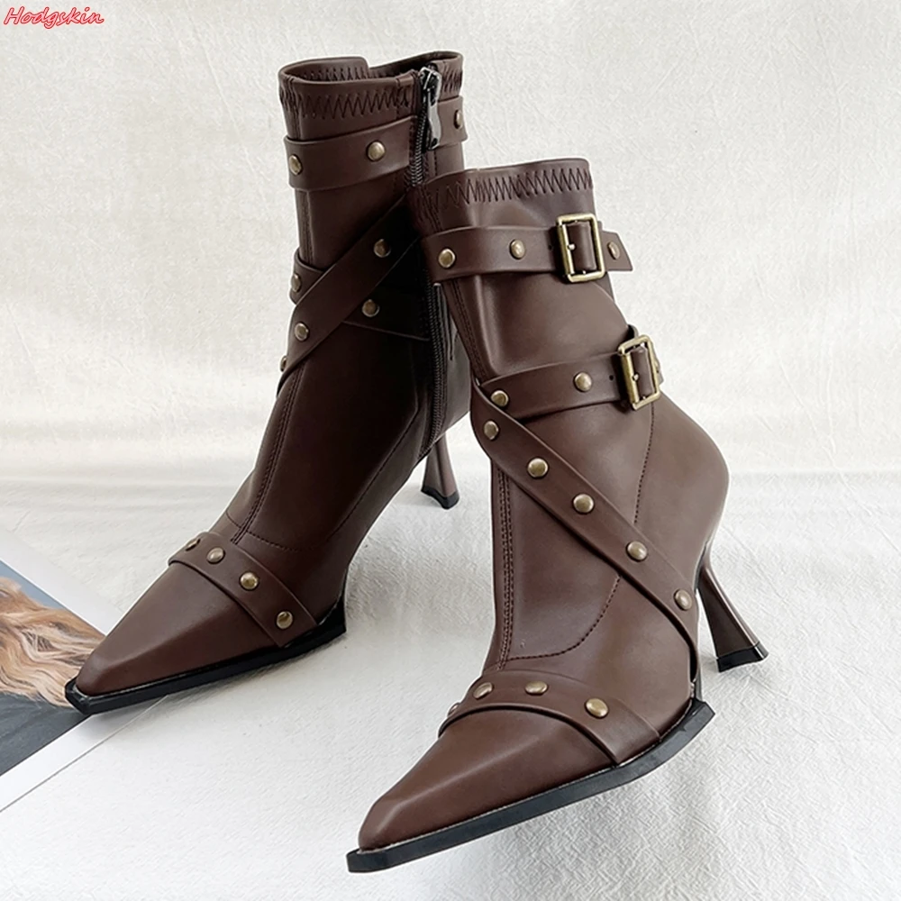 Metal Decoration One Word Belt Ankle Boots for Women Pointed Toe Side Zipper Thin Heels 2024 Autumn Winter Women Short Boots