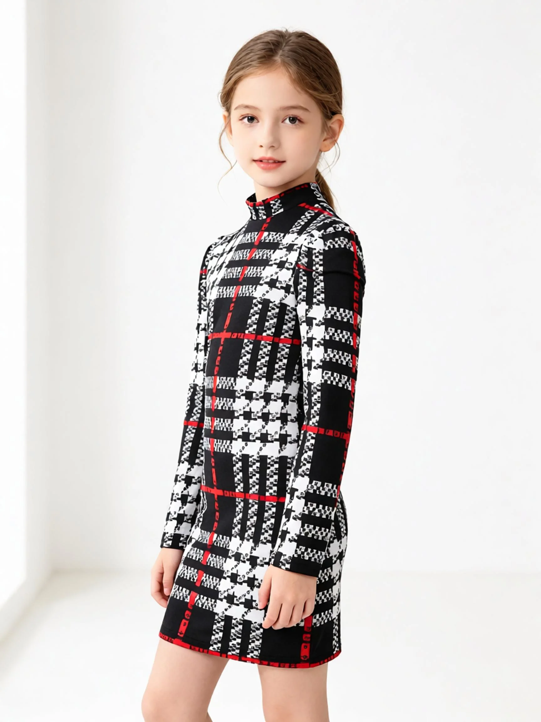 Fashionable casual plaid fabric round neck long sleeve wrap dress for girls; autumn and winter (accessories not included).
