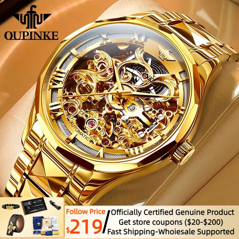 

OUPINKE Automatic Mechanical Watch for Men Swiss Certification Gold Watch Skeleton Sapphire Crystal Waterproof Man Wristwatch