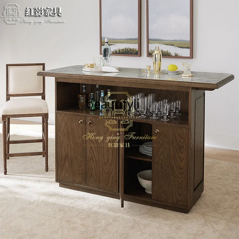 

American retro solid wood wine cabinet European marble bar table household partition checkout page