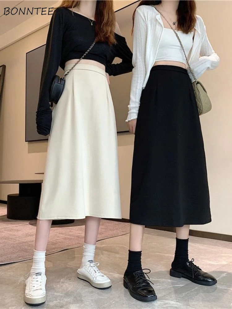 Midi Skirts Women Simple Cleanfit Faldas A-line All-match Korean Fashion Temper Spring Autumn Basic Gentle High Waist Daily Ins