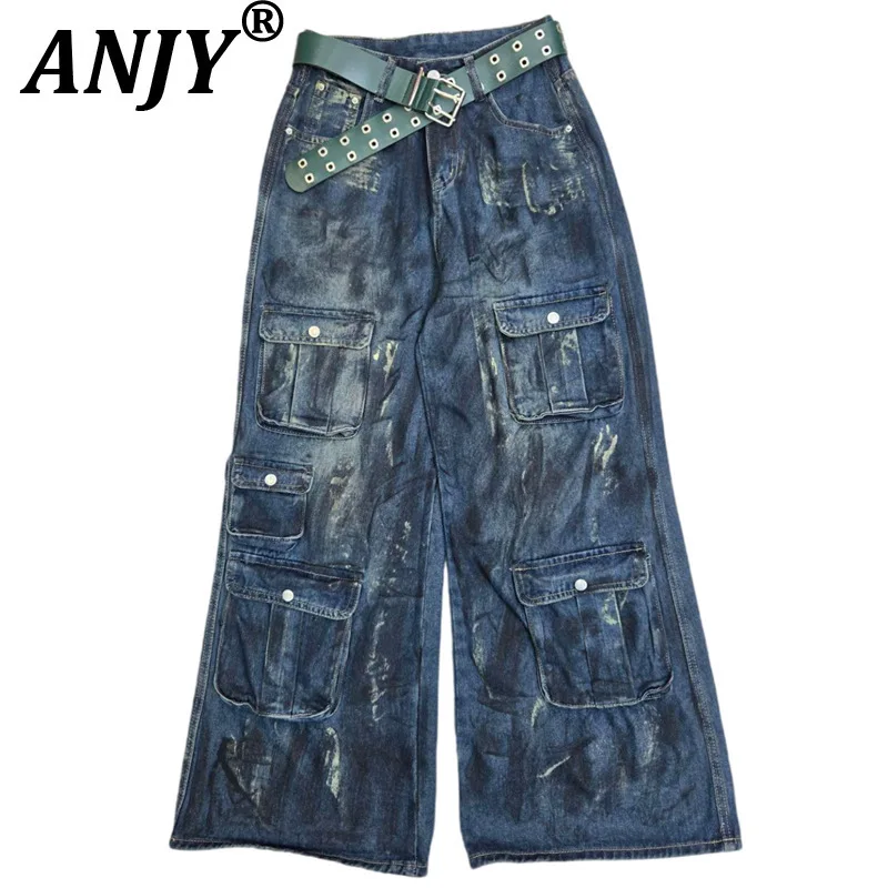 

ANJY Autumn Winter New Women Fashion Heavy-Duty Tide Cargo Jeans Hot Girl Hip-hop Vintage Washed Multi-pocket Denim Pants A14516