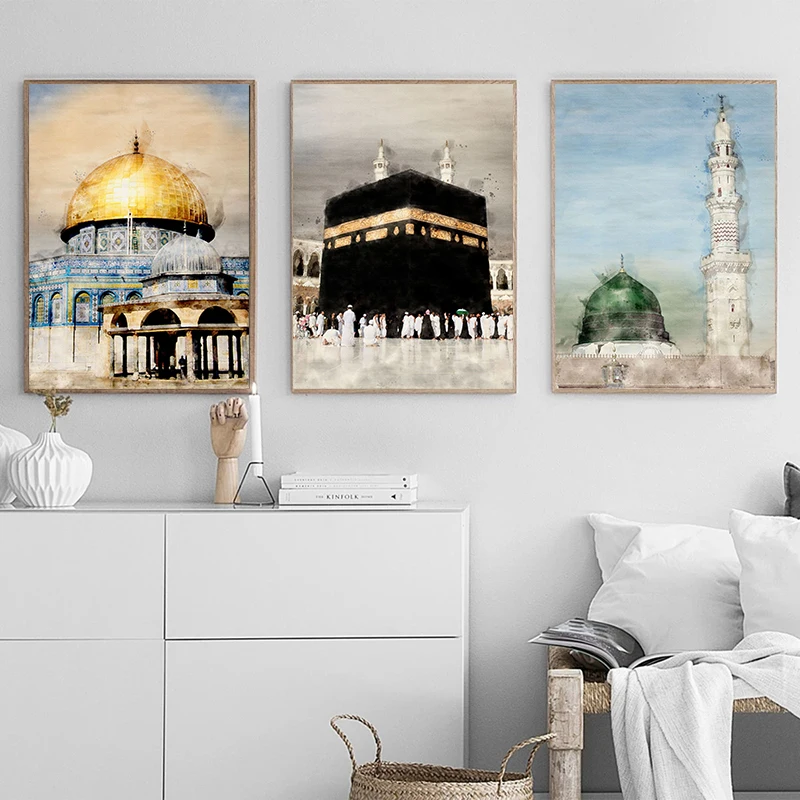 Al-Aqsa Mosque Kaaba Al Masjid An Nabwi Islamic Canvas Poster Watercolors Decorative Painting Modern Pictures Living Room Decor