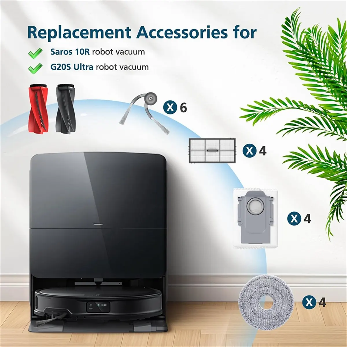 

Запасные части для робота-пылесоса Roborock Saros 10R / G20S Ultra / S9 MaxV Slim: основная и боковые щетки, фильтры, мешки для сбора пыли, салфетки для влажной уборки (модель A88M)