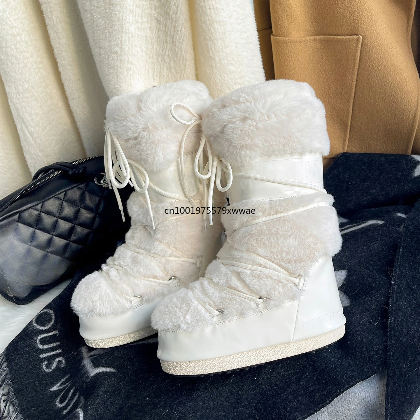 Bottes de neige en fausse fourrure à semelles épaisses pour femme, bottes chaudes en coton, à la mode, pour l'extérieur, Ski, hiver 2025