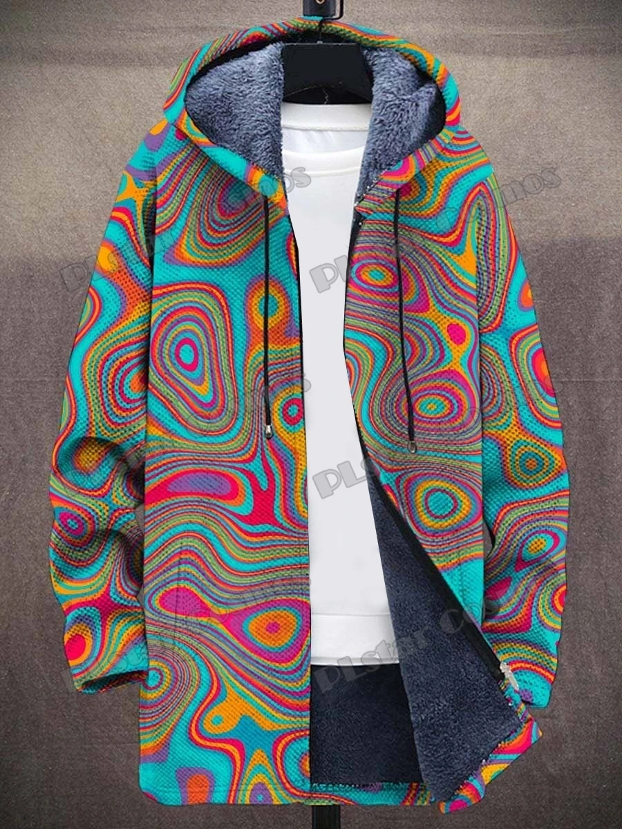 Cat Gradient Art Patterns Retro 3D Printed Men\'s Fashion Plush Thick Hooded Coat Winter Casual Warm zipper jacket CM06