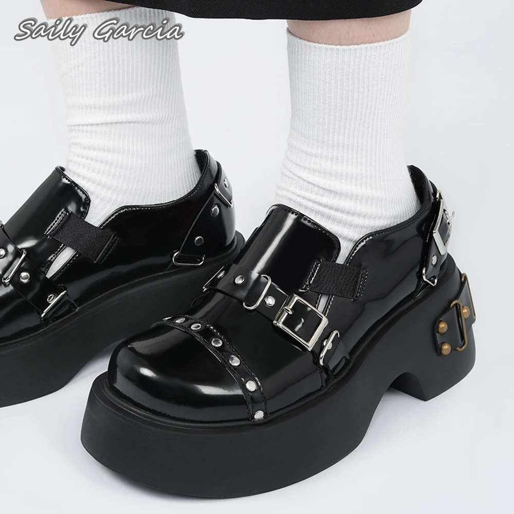 Mary Jane Punk Style Metal Buckle Strap Chunky Heel Boots 2024 Original Design Slip On Leather Shoes Round Toe Platform Shoes