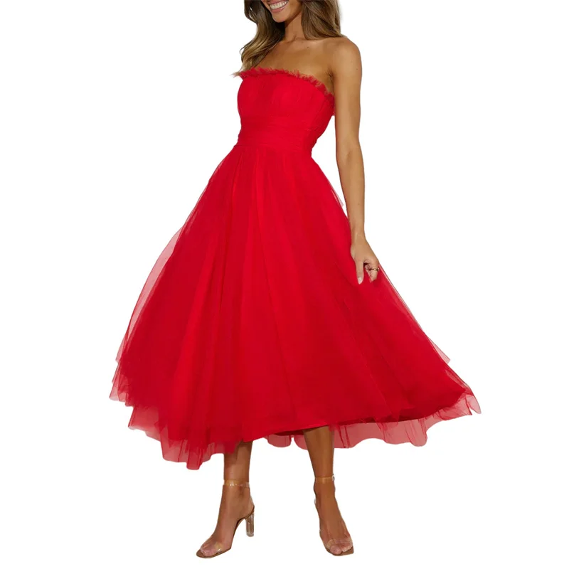 Summer Women Sexy Party Gown Tulle Dresses Women Frill Off Shoulder Sleeveless Strapless Backless High Waist A-line Dress Club