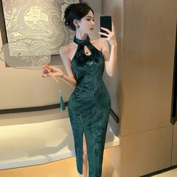 Vintage Green Print Cheongsam New Chinese Style Velvet Dress Sexy Split Vestidos Lady Autumn Dresses Hollow Out Qipao Vestidos