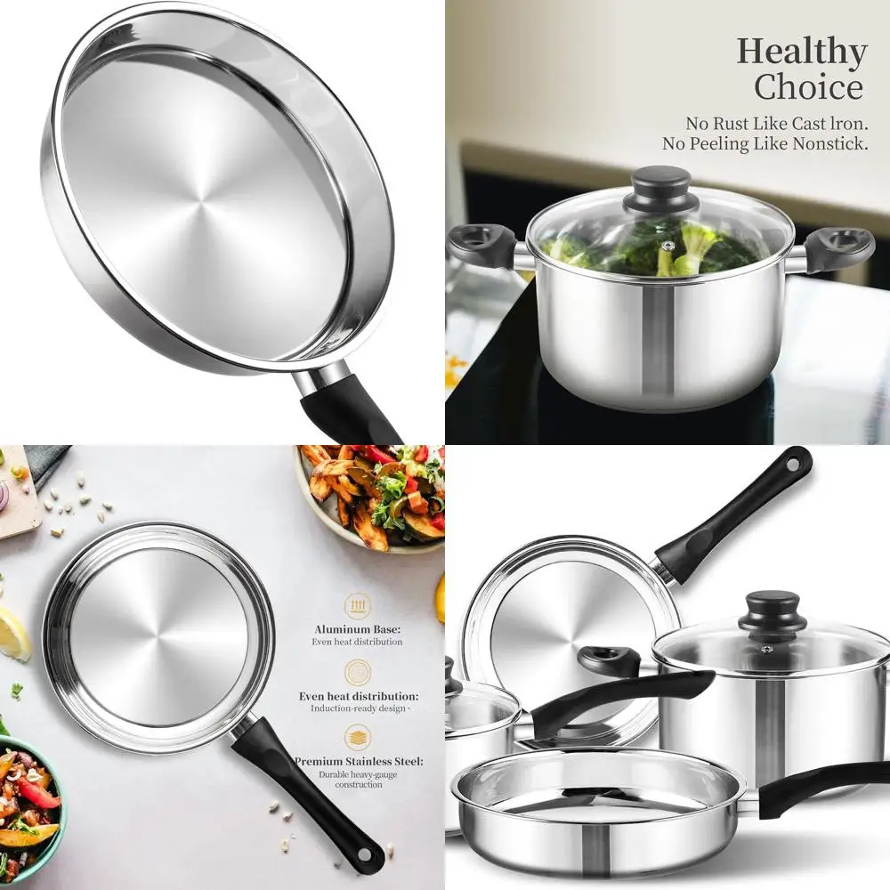 

6-Piece Stainless Steel Cookware Set with Glass Lids and Cool Handles, Fry Pan, Saucepan, Pots, Induction & Dishwasher Safe