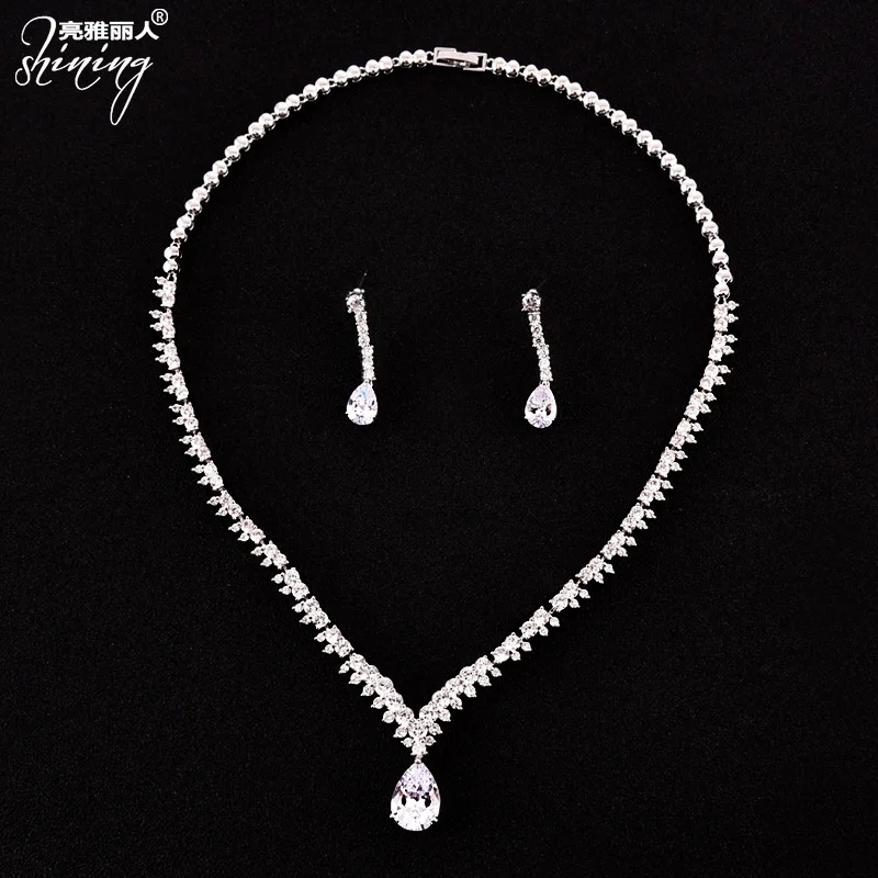 

brand genuine Luxury real jewels Korean 3A Water Drop Pendant Zircon Necklace Earrings simple casual Bridal Jewelry Set high qua