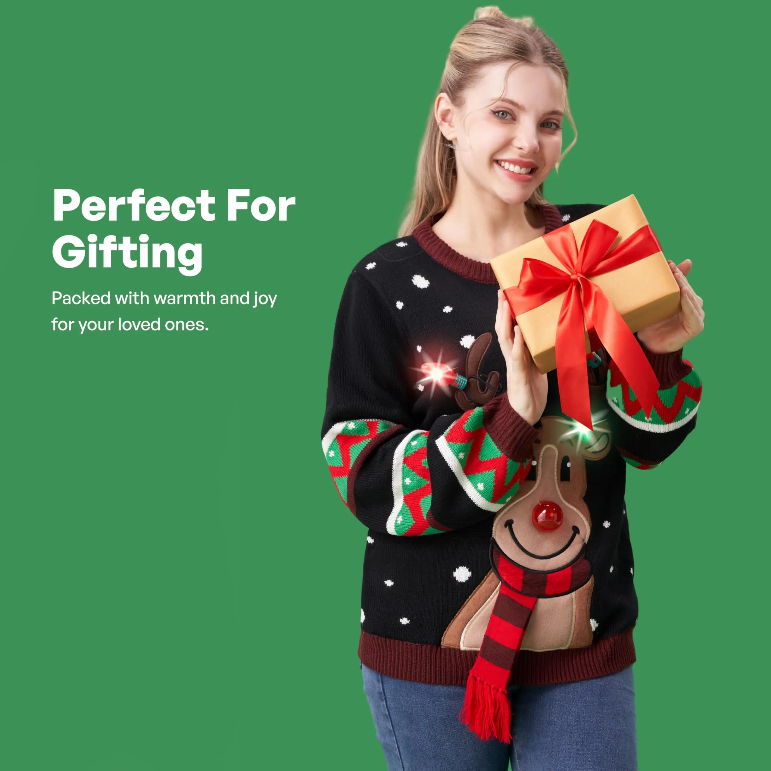 JOYFY Pull de Noël lumineux LED pour femme Pull laid de Noël avec ampoules pour femme Cadeau de Noël