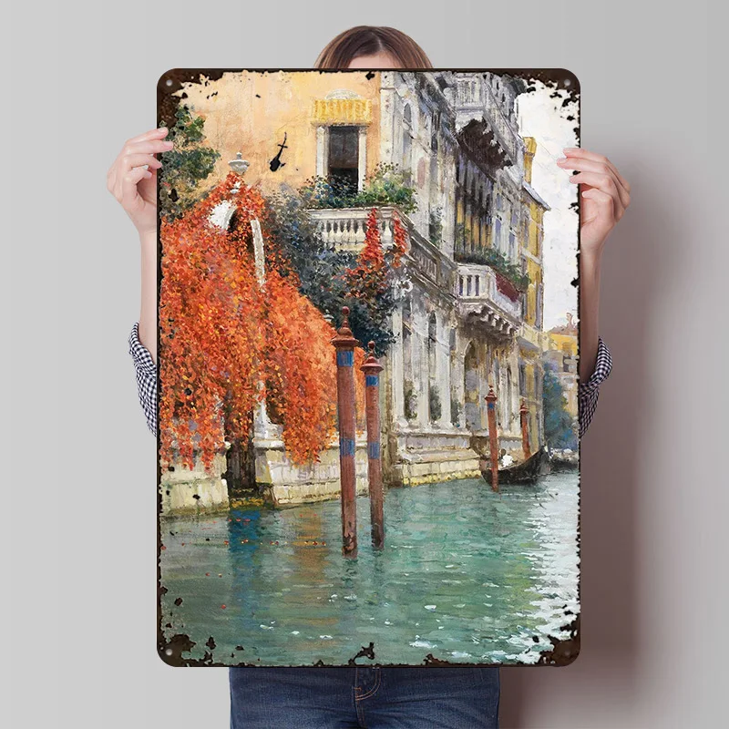 Venetian Canal With Autumn Foliage Printing Poster Customized Retro Wall Art Vintage Metal Signs for Room Decorating Interior