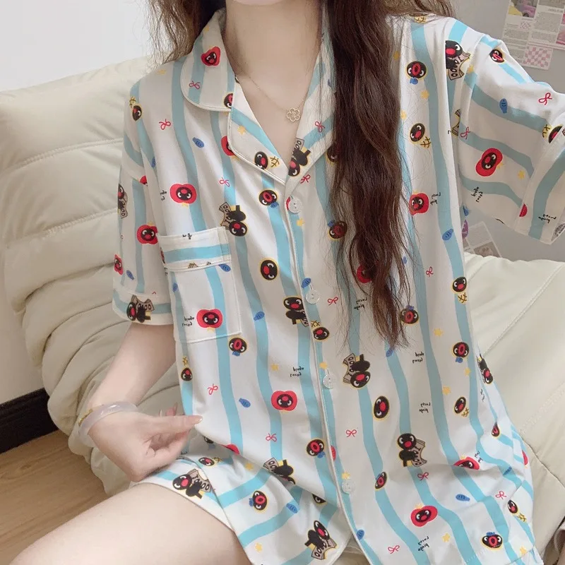 

Strip Penguin Print Women Summer Two Piece Pajama Set Short Sleeve Top & Elastic Waist Pants Sleepwear Female Homewear Nightwear