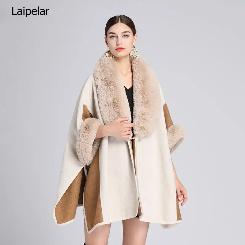 

7 Colors Black Dark Grey Big Faux Rabbit Fur Neck Cloak Women Long Cardigan Winter Warm Thick Poncho Loose Woolen Split Overcoat