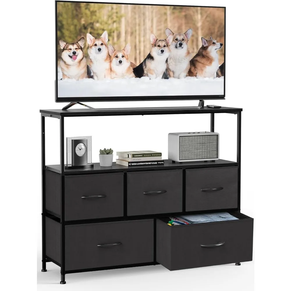 

TV Stand Dresser for Bedroom Entertainment Center with 5 Fabric Drawers Storage Organizers Units, Media Console Table