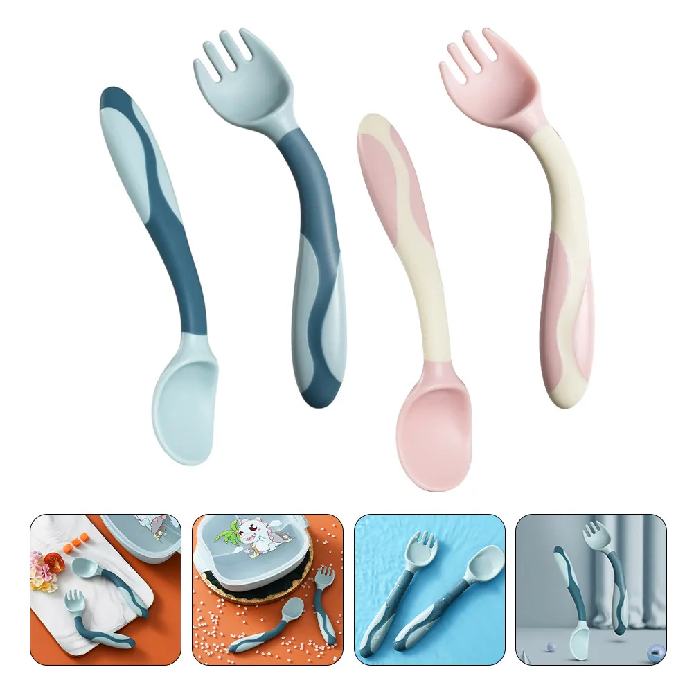 

2Sets Infant Spoons and Forks Set Soft Silicone Training Tableware Lightweight Easy Carry Nursing Dining Utensil for Baby