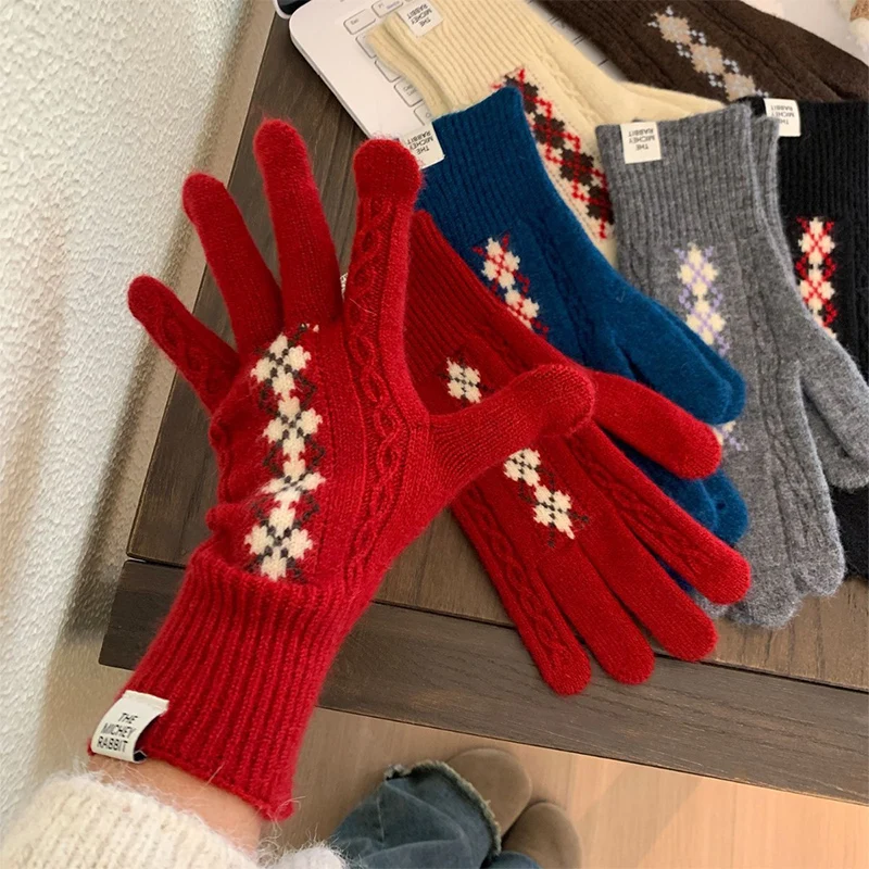 ถุงมือผู้หญิงลายดอกบิดเกลียว สำหรับฤดูหนาว ขี่จักรยาน ใช้หน้าจอสัมผัสได้ กันความหนาว ถักนิตติ้ง ป้องกันความเย็น ถุงมือยาว สไตล์เกาหลี