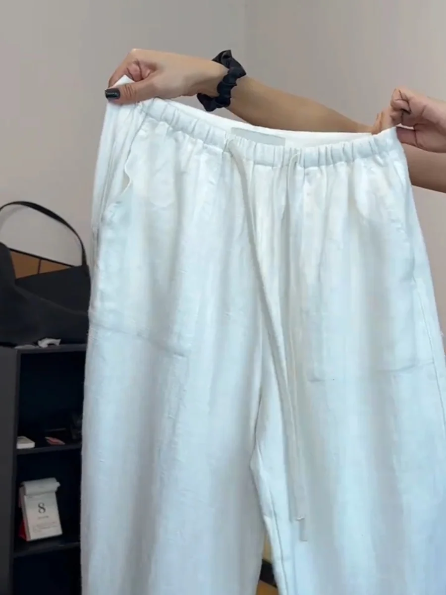 Plones de lino blancos para mujer, plones de pierna ancha informs hoados de lino y aodón fino de verano, p...