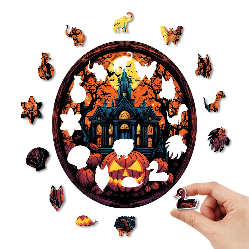 Wooden Puzzle Halloween Pumpkin Personalized 3D Puzzle Adult Children's Gift Education Children's Toys Family Interactive Game A