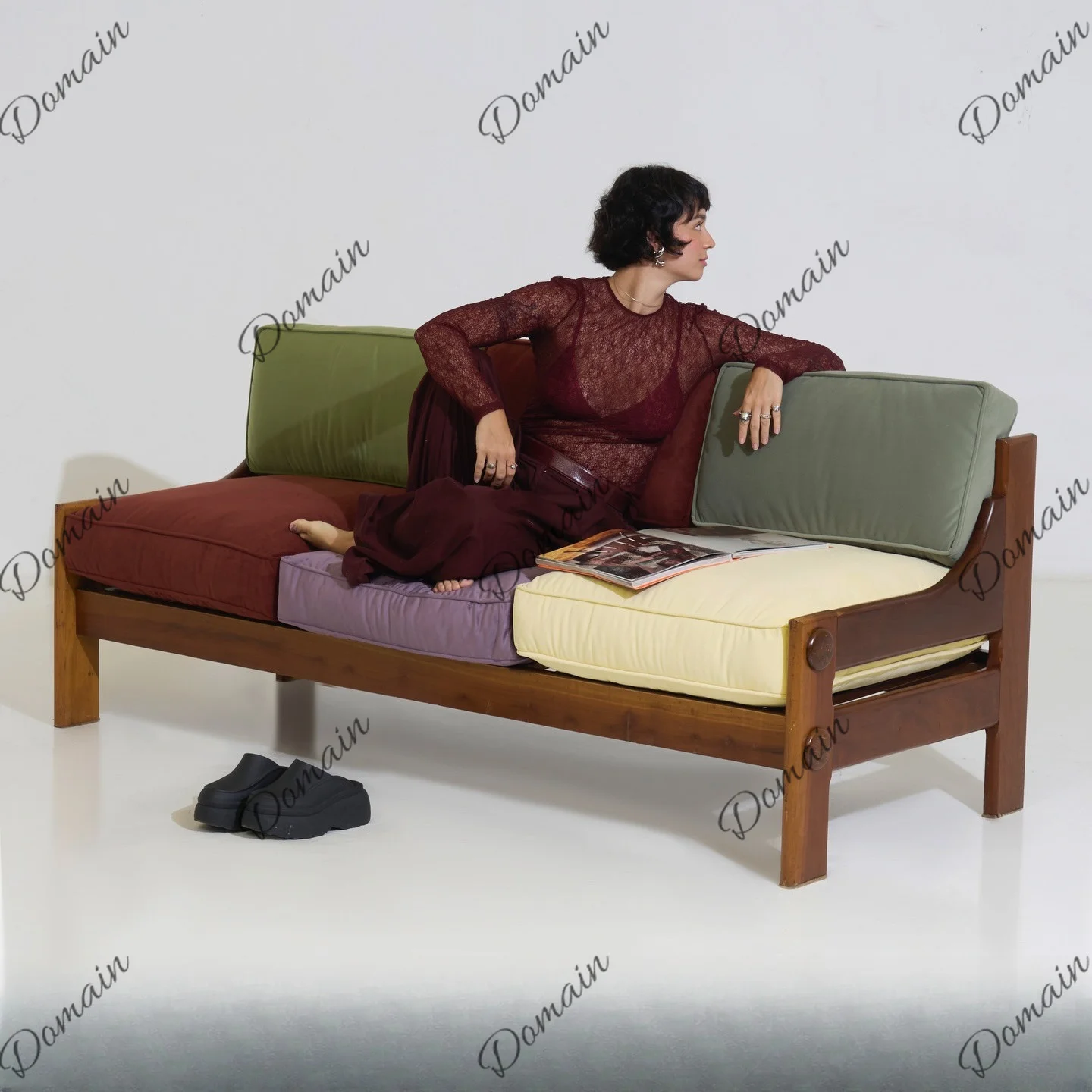 Artistic Vintage Contrast Solid Wood Fabric Sofa Dopamine Retro Southeast Asian Style 3-Seater
