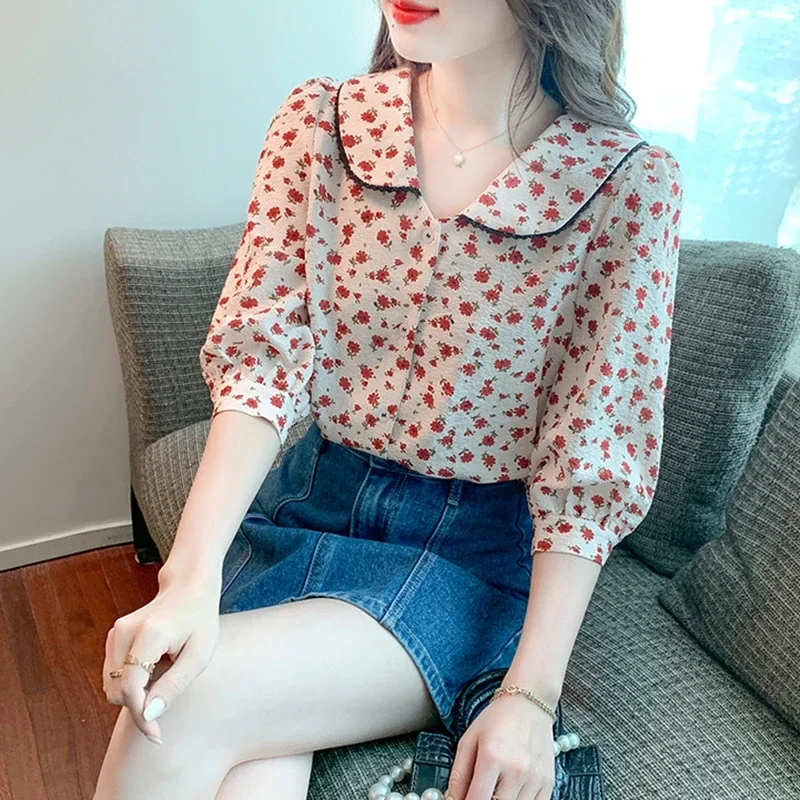 Vintage Floral Summer Chiffon Shirts Women 2024 Korean Fashion Clothes Casual Blouses Sweet Girls Printed Puff Sleeve Tops Mujer