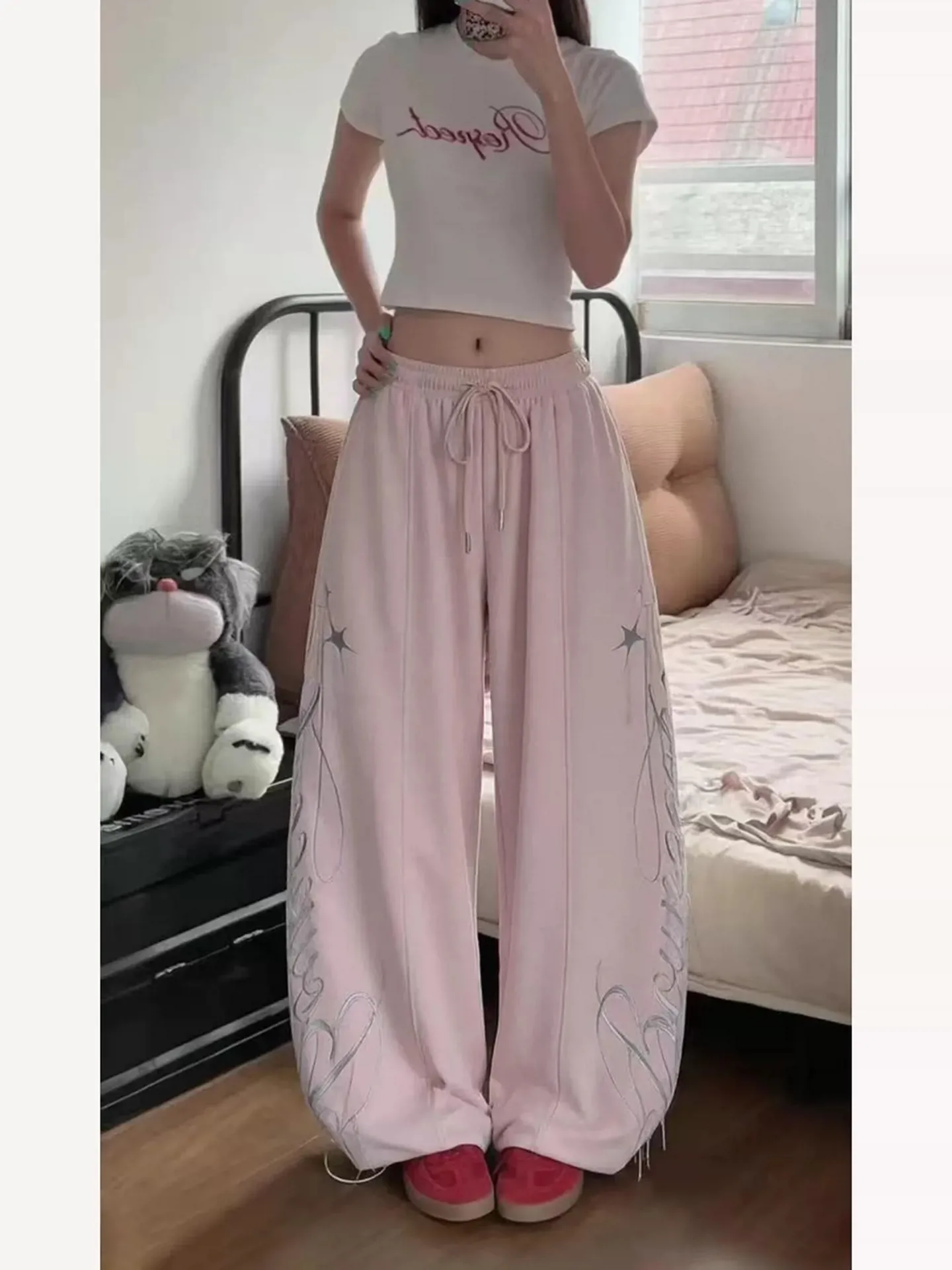 American Style Oversize Jazz Dance Sweatpants Women's Spring Autumn Loose Tassel Embroidered Elastic Waist Drawstring Wide Le...