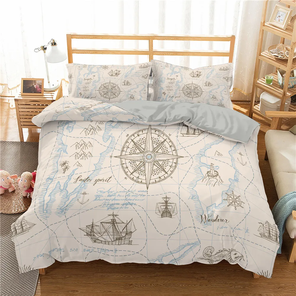 Teens Bedding Set Retro Map Compass Duvet Cover King Queen Bed Cover 220x240 Nautical Adventure Bedclothes Single Twin Size