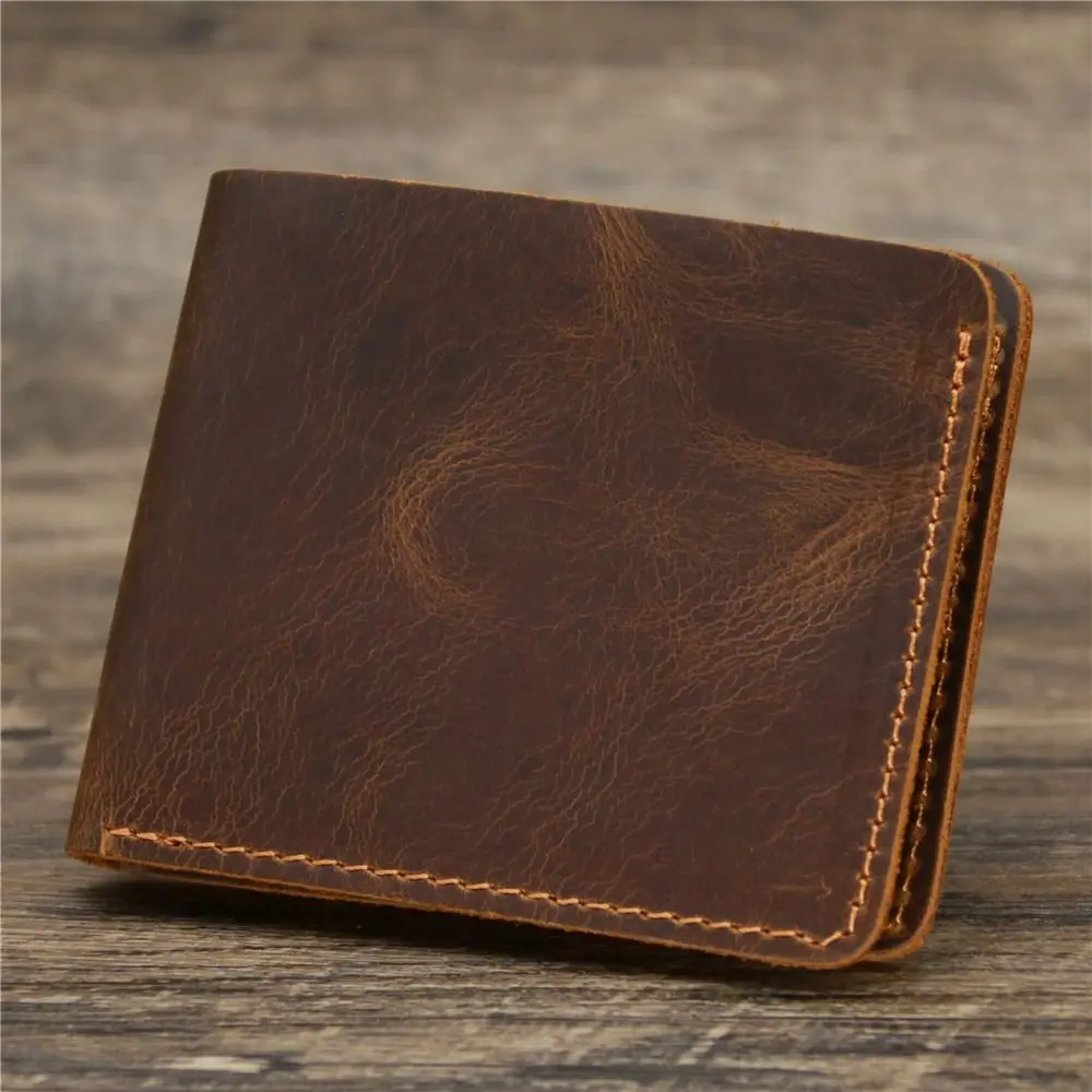 Bifold Design Men Genuine Leather Wallet Short Style Retro Handmade Wallet Minimalist Lightweight Male Purse Cartera Hombre