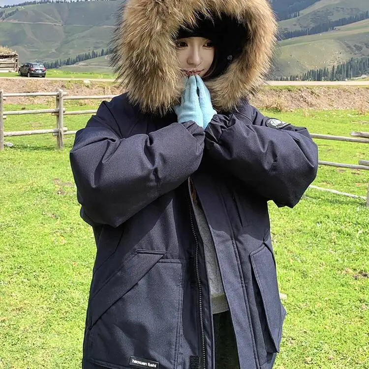 UMI MAO 90 White Duck Down Jacket Winter New Warm Thick Loose Parker Fur Collar Parker Coat Hooded Down Jacket Femme