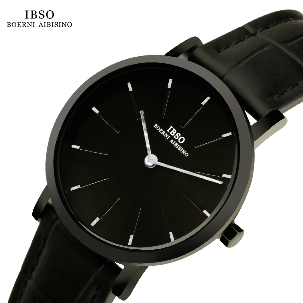 IBSO 2022 New Arrival Women Elegant Quartz Watches S2222L Genuine Leather Strap Full Black Watch Ladies Simple Dial Waterproof