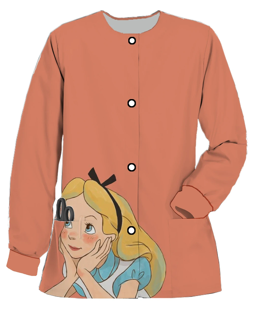 Alice women's work clothes, printed cardigans, Disney series, printed long-sleeved jackets, dental pet shop nursing clothes