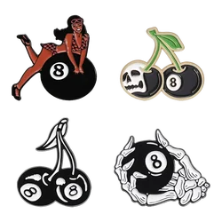 Magic 8-Ball Cherries Enamel Pins Funny Creative Cherry Black 8 Billiards Brooch Collar Lapel Badge Punk Jewelry Gift for Friend