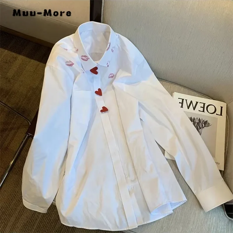 

Casual Long Sleeve Loose Shirts For Women Solid Lipstick Printing Heart Button Tops Loose Streetwear All-match Oversizes Blouse