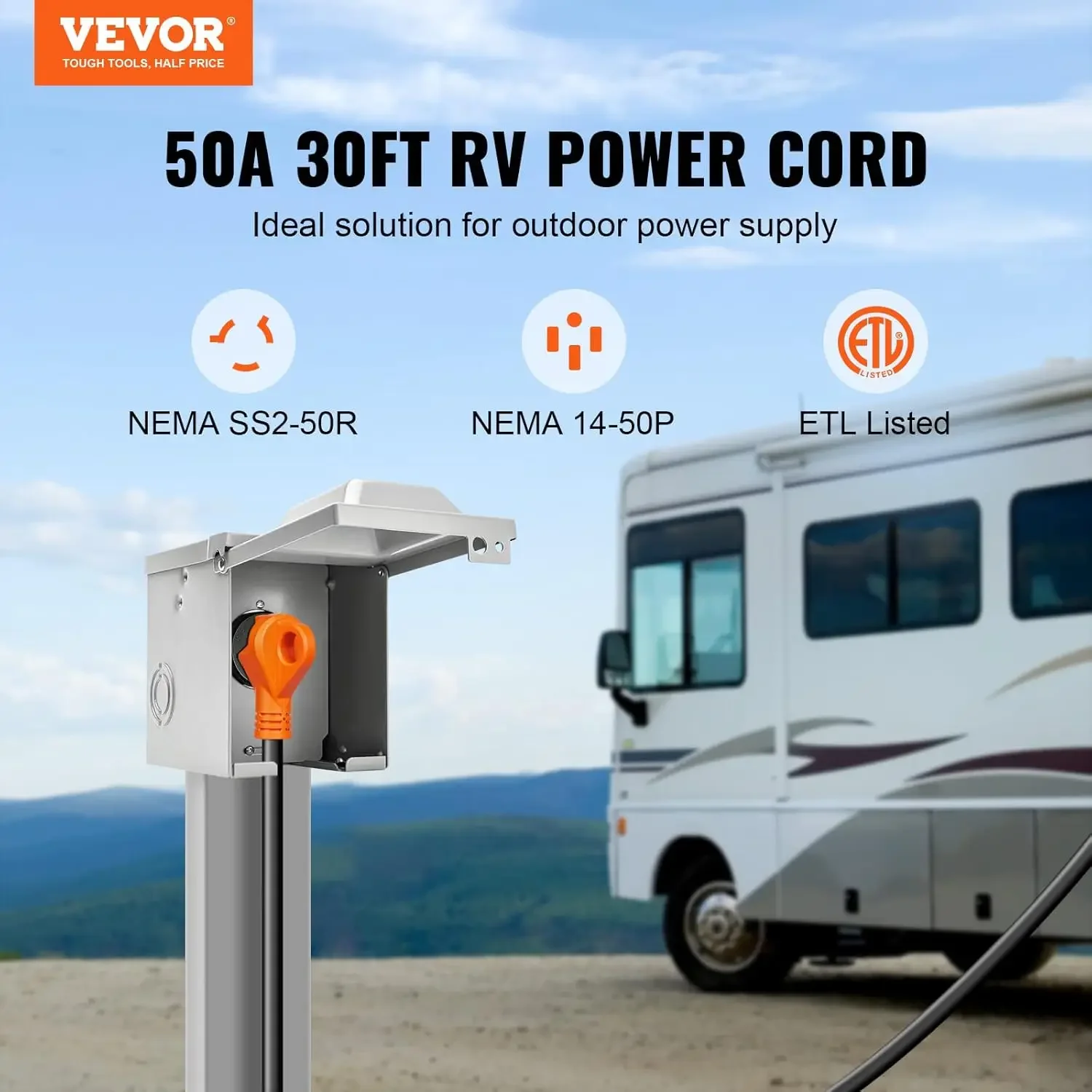 30피트 RV 전원 코드, 50암페어, 헤비 듀티 STW 6/3 + 8/1 발전기 코드, NEMA 14-50P 수컷 플러그 NEMA SS2-50R 암컷 플러그, ETL 인증