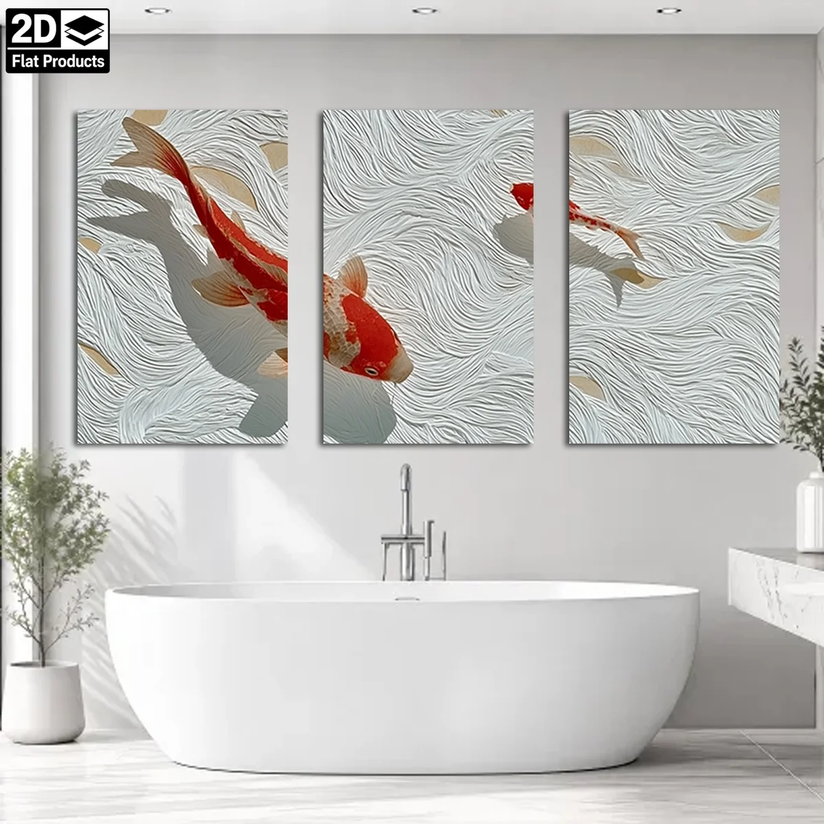 Frameless 3PCS 2D Decorative painting - Canvas painting - Three panels with red koi fish swimming in white wavy patterns - ch