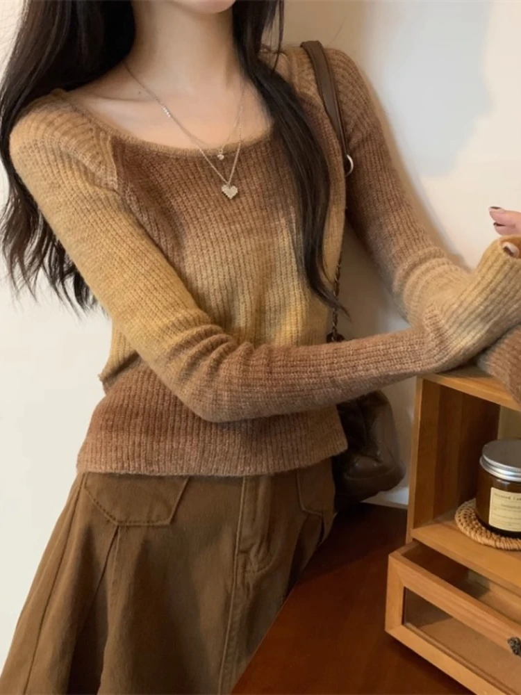 Korean Elegant Sweet Gradient Bandage Sweaters Y2k Knitted Vintage  Jumpers Autumn Women Flare Sleeve Cropped Pullovers