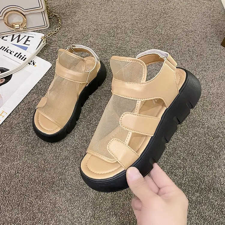 HKDQ Women's Sandals Open Toe Platform Heel Mesh-Look Upper Strappy Design Casual Fashion Trendy Daily Sporty Style Footwear