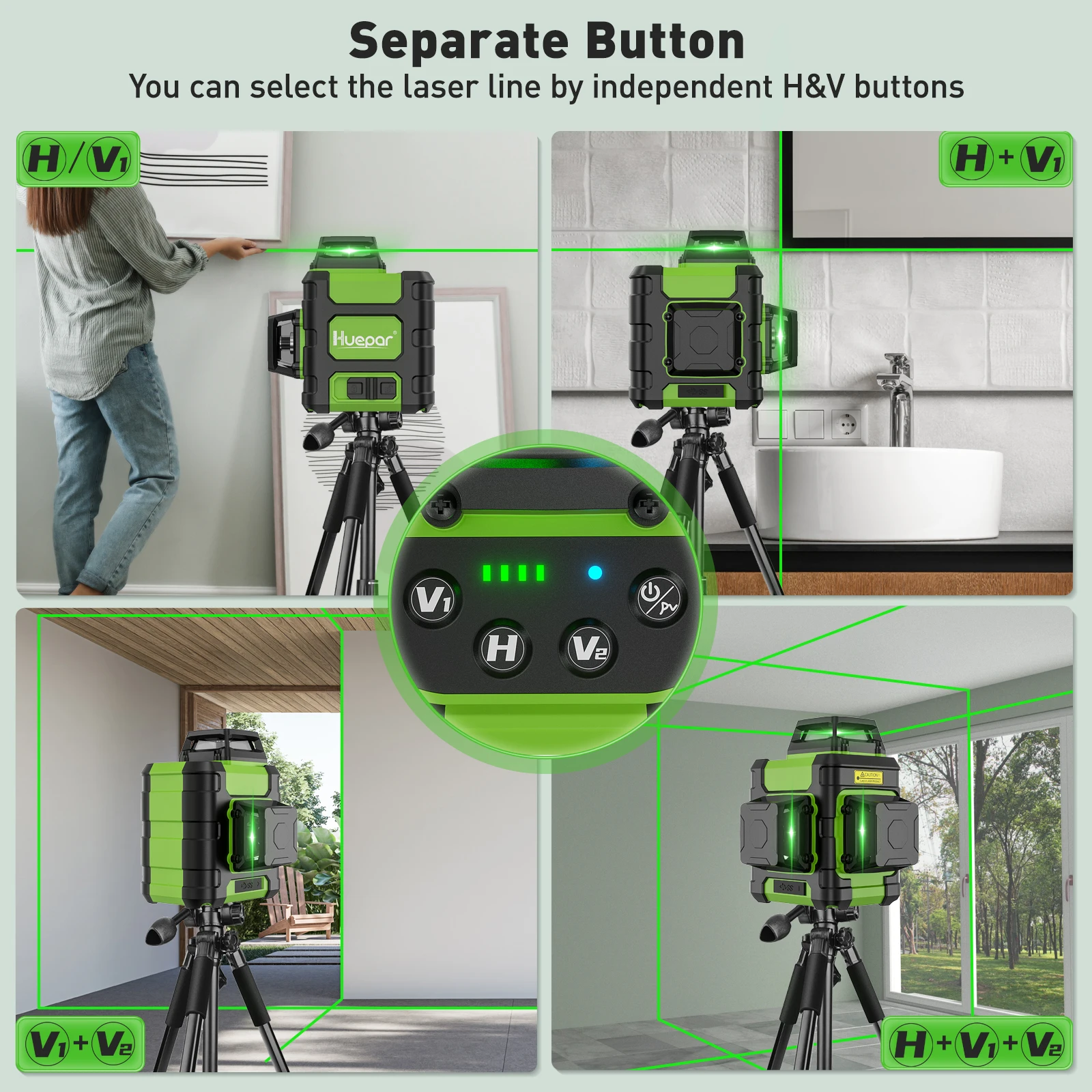 Imagem -05 - Huepar-nível Auto-nivelador Green Beam Laser 12 Linhas Linha Cruzada Ferramentas de Nível Modo Pulso Carry Case Rígido 3x360 °