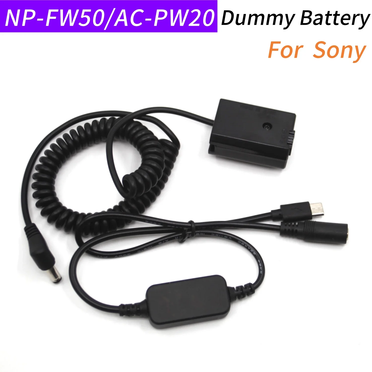 

DC Plug Female USB Cable Type C+NP-FW50 Dummy Battery for Sony ZV-E10 A5100 A3500 A6000 A6300 A7000 A6500 A7II A7 RX10III NEX-F3