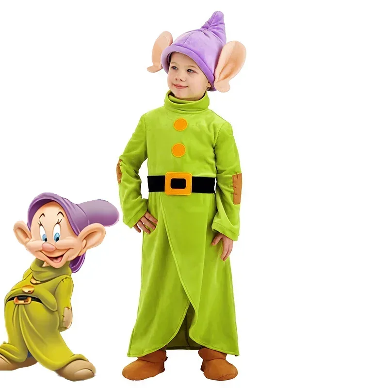 Movie Dopey The Seven Dwarfs Cosplay Costume Dwarf Elf Outfit Childrens Performance Clothing Purple Hat Halloween Party Suit