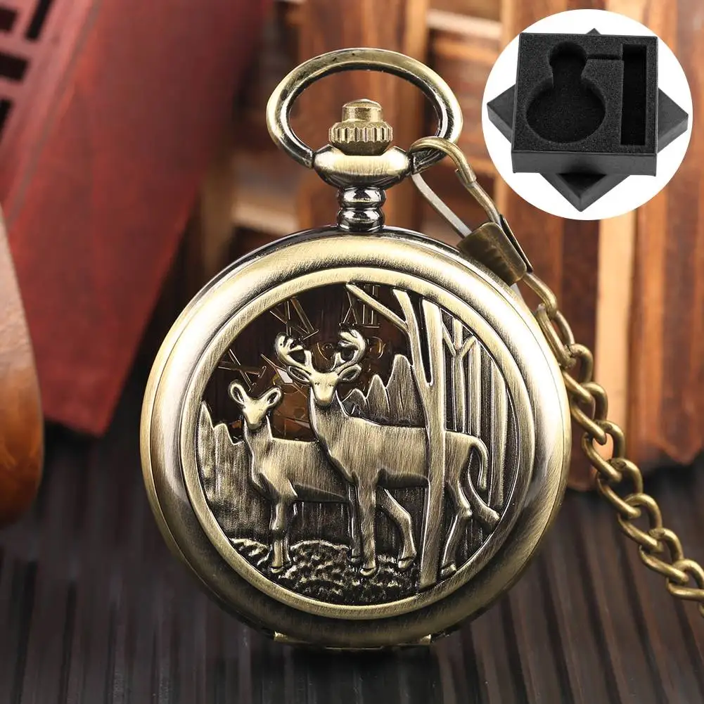 Reindeer Pattern Bronze Mechanical Hand Winding Pocket Watch Double Hunter Chain Pendant Clock Roman Numerals Dial Timepiece