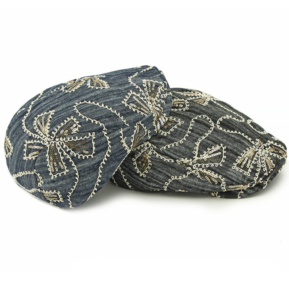 HT4833 Mens Berets Women Vintage Artist Painter Beret Hat Male Female Sequins Ivy Flat Cap Spring Summer Autumn Denim Beret Cap