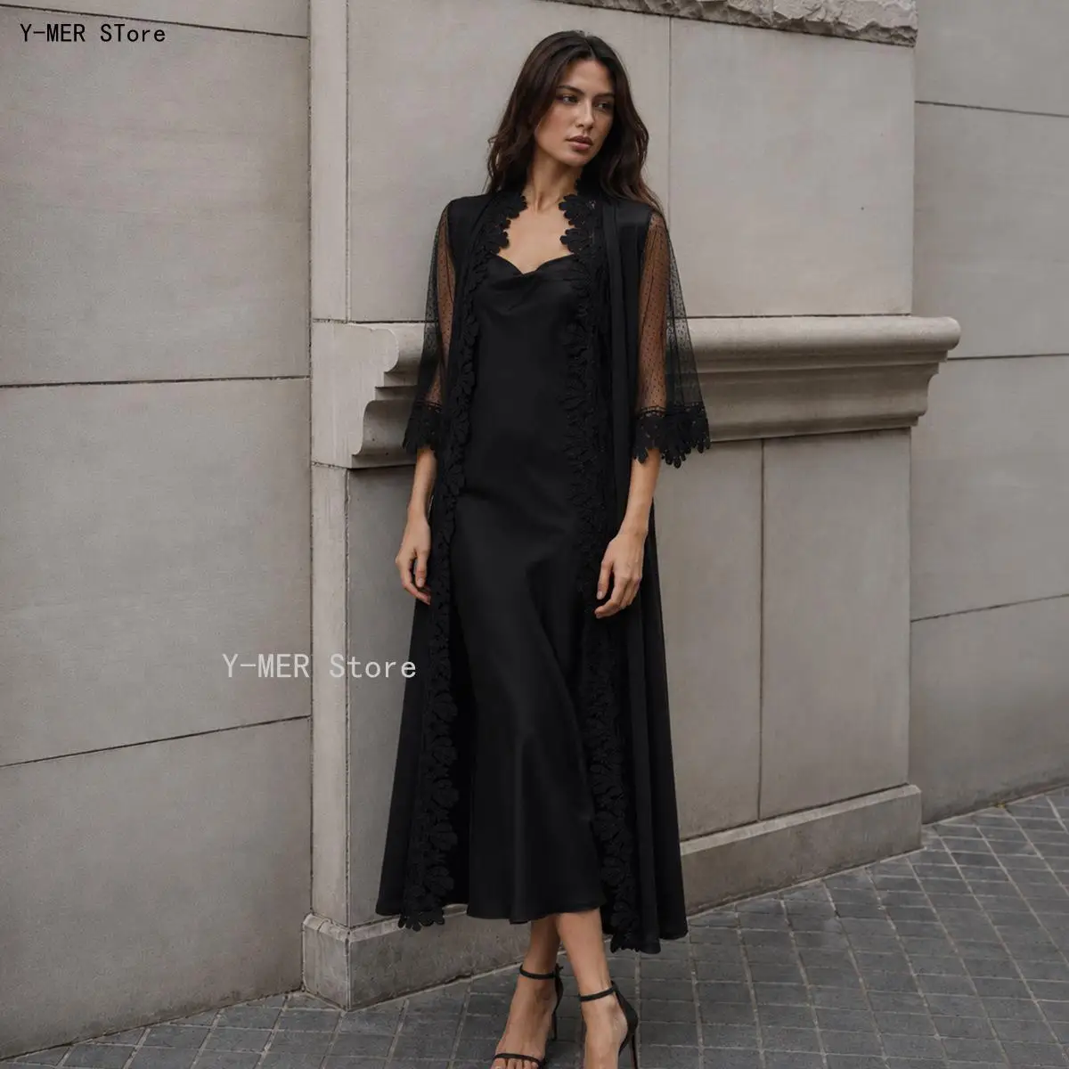 Women Satin Chiffon Lace Trim Kimono Robe & Long Cami Dress Set Elegant French Light Luxury Soft Casual Home Sleep Loungewear