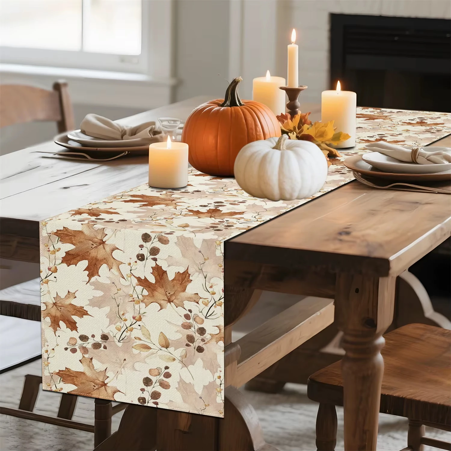 Watercolor Maple Leaves Painted Berries Patterns Table Runner, Suitable for Autumn Family Gatherings Pastoral-Style table runner