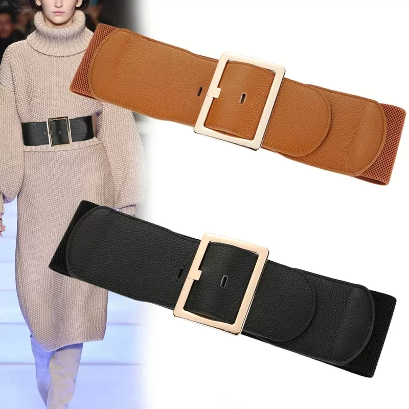 Genuine Leather Women Wide Elastic Waist Belt Stretch Cinch Waistband with Pin Buckle Adjustable corset For Suit Coat Dress