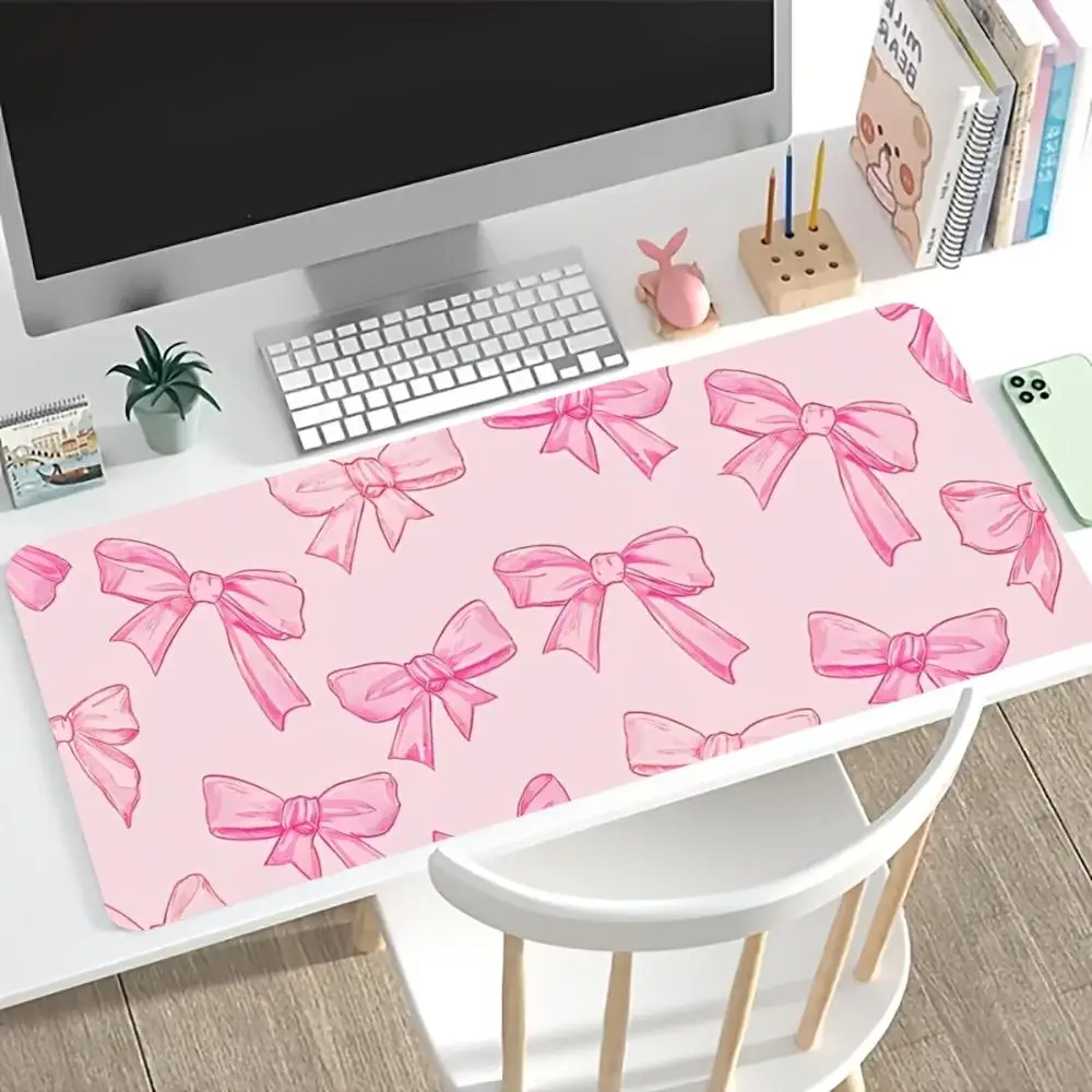 Pink Bow Ribbon Print Large Gaming Mousepad Non-slip Rubber Base Stitched Edge Office Keyboard Workstation Canvas