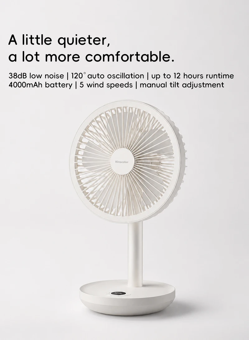 BLDC Oscillating Desktop Fan 4000mAh 5 Wind Speeds Silent Portable Rechargeable Fan with Timing Function for Home Room Gift