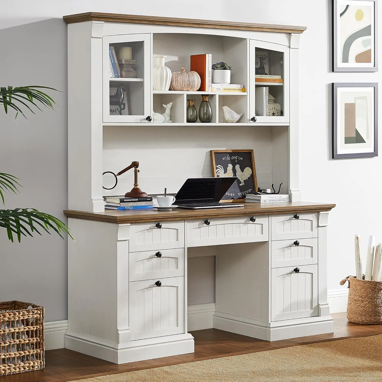 

60" Executive Desk with Hutch and Drawers, Farmhouse Home Office Desk with Charging Station