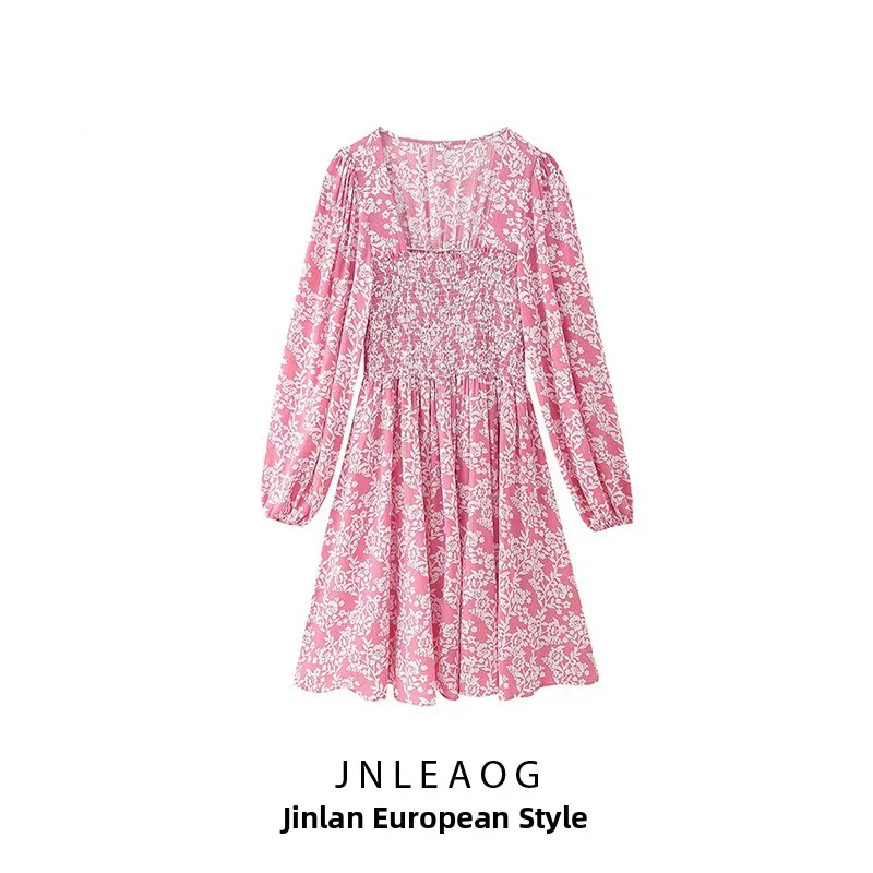 JNLEAOG Faionable Orlo ampio Midi Dr Ele Vita alta Poliestere Estate Lungo Stampa Sve Vacanza Dr per le donne